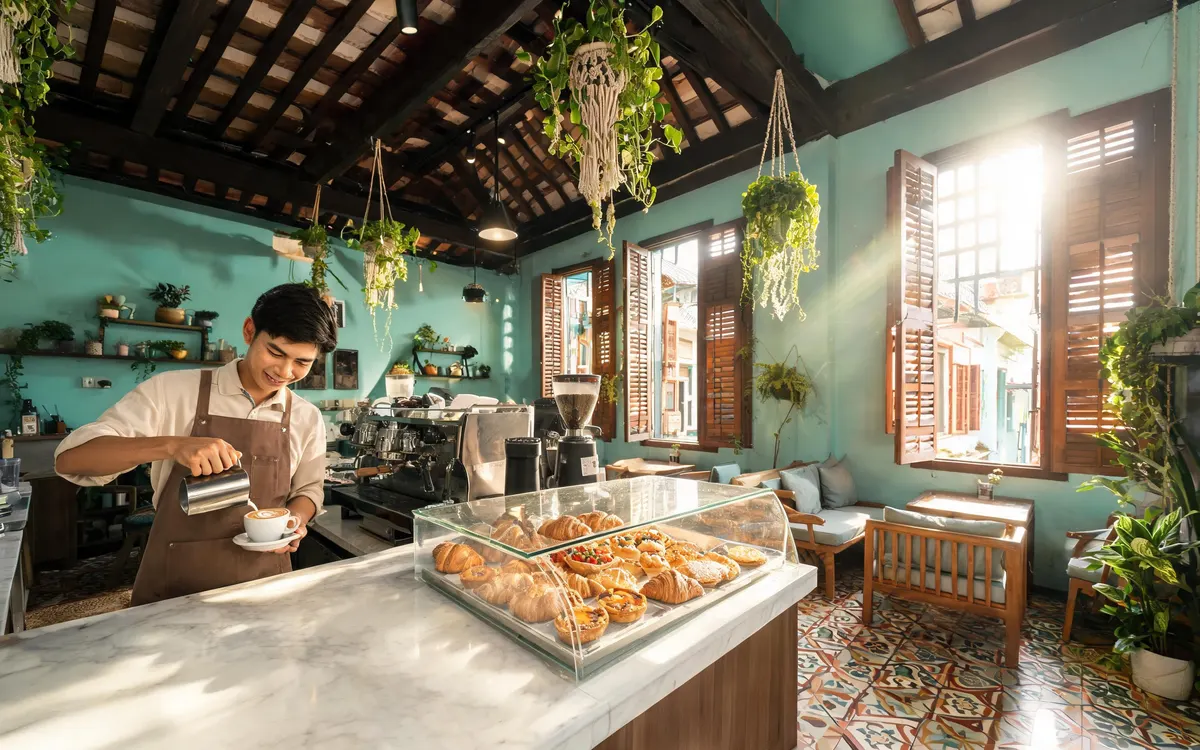 Foto hero laman web janaan AI: barista menuang seni latte di kafe rumah kedai warisan biru firus