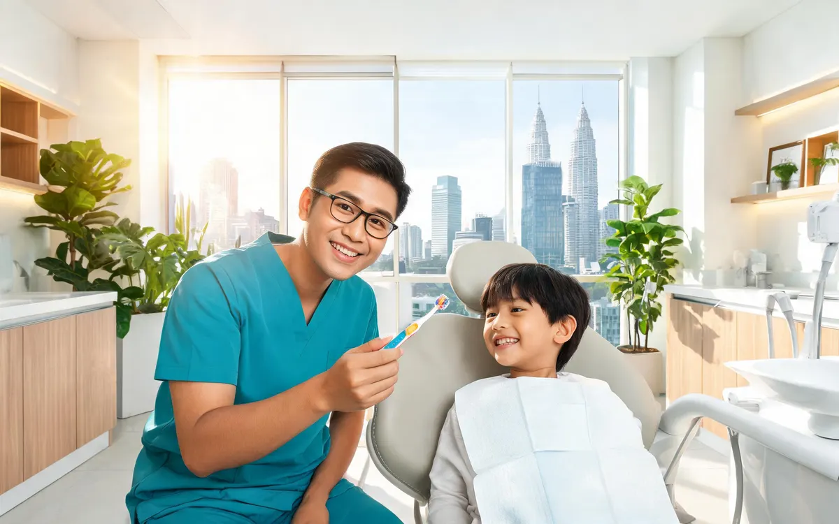 Foto hero laman web janaan AI: doktor gigi mesra bersama pesakit kanak-kanak di klinik KL yang ceria