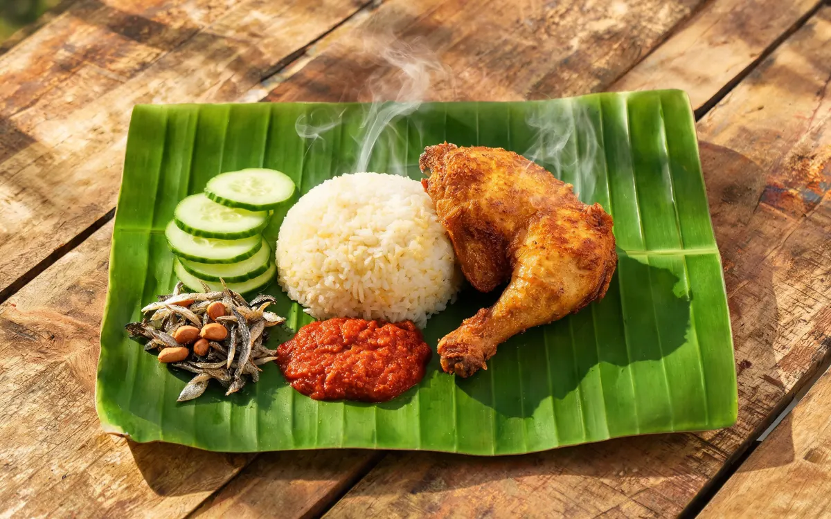 Foto hero laman web janaan AI: nasi lemak atas daun pisang di warung Malaysia