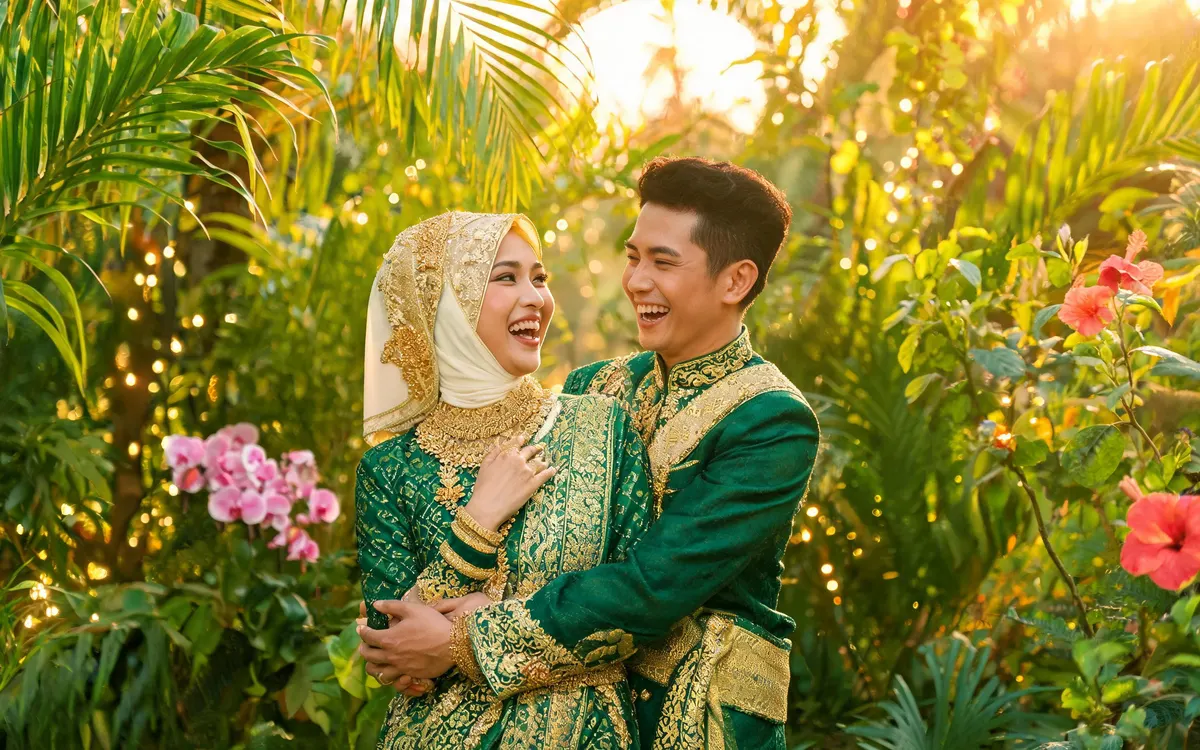 Foto hero laman web janaan AI: pasangan pengantin bersongket pada waktu senja keemasan